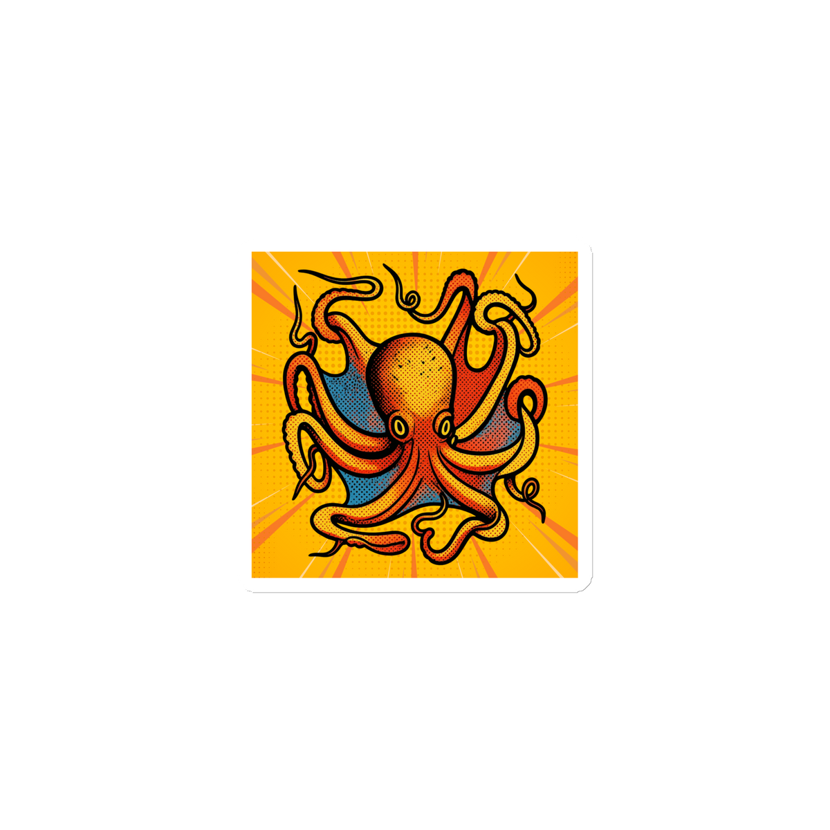 Octopus Vulgaris pop art magnet 3x3 — orange and blue octopus on yellow sunburst background