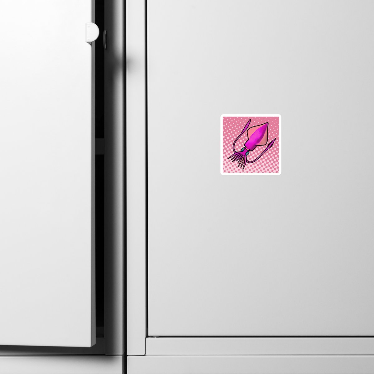 Fridge with Loligo Vulgaris Squid pop art magnet 3x3 — pink and magenta squid on checkered halftone background