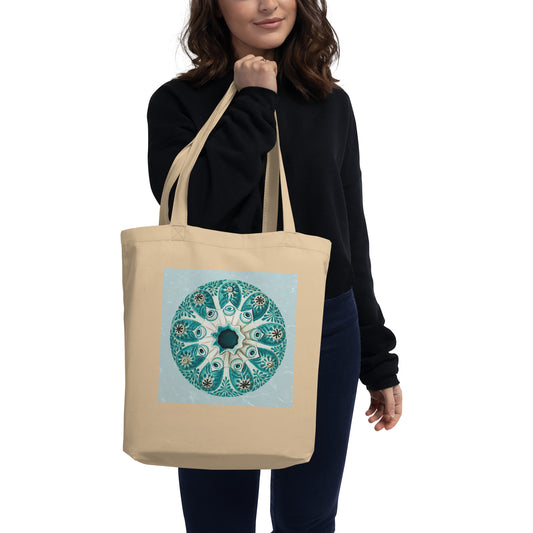 Eco tote bag with vintage tunicate sea squirt illustration in blue — sustainable cotton tote with marine biology design