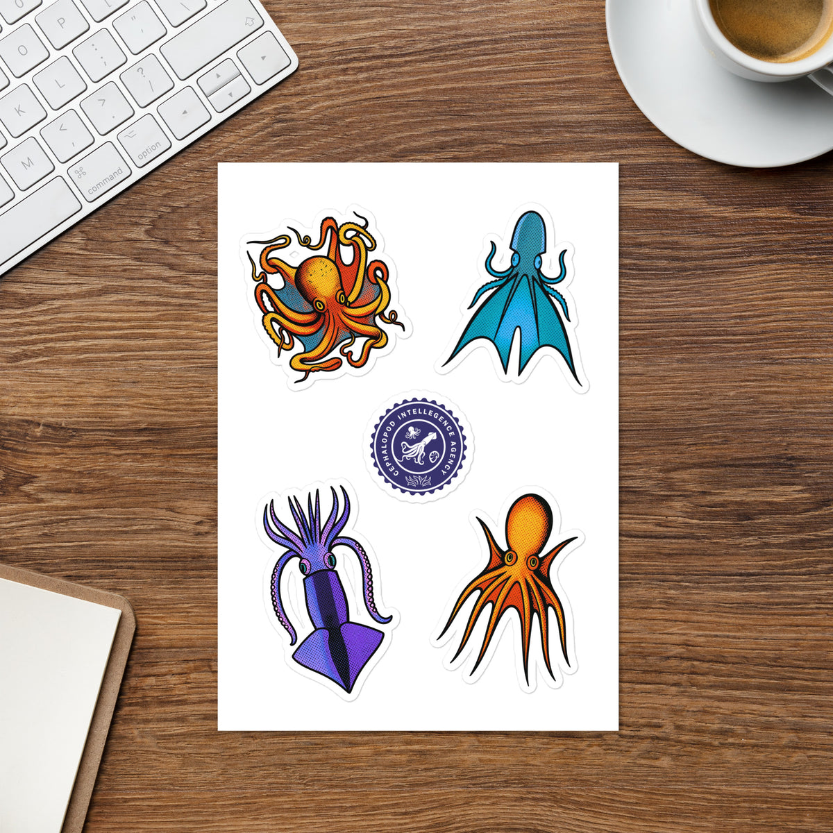 Cephalopod Intelligence Agency sticker sheet series 1 — pop art illustrations of Octopus Vulgaris, Blanket Octopus, Tetracirrhus, and Loligo Todarus Squid
