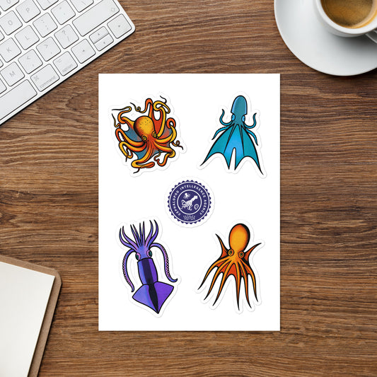 Cephalopod Intelligence Agency sticker sheet series 1 — pop art illustrations of Octopus Vulgaris, Blanket Octopus, Tetracirrhus, and Loligo Todarus Squid