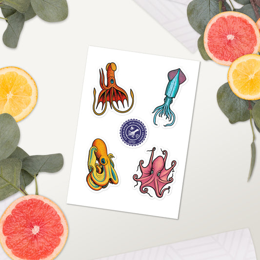 Cephalopod Intelligence Agency sticker sheet series 2 — pop art illustrations of Red Bonellana Squid, Eledon Aldrovandi Octopus, Loligo Pavo Squid, and Velodona Octopus