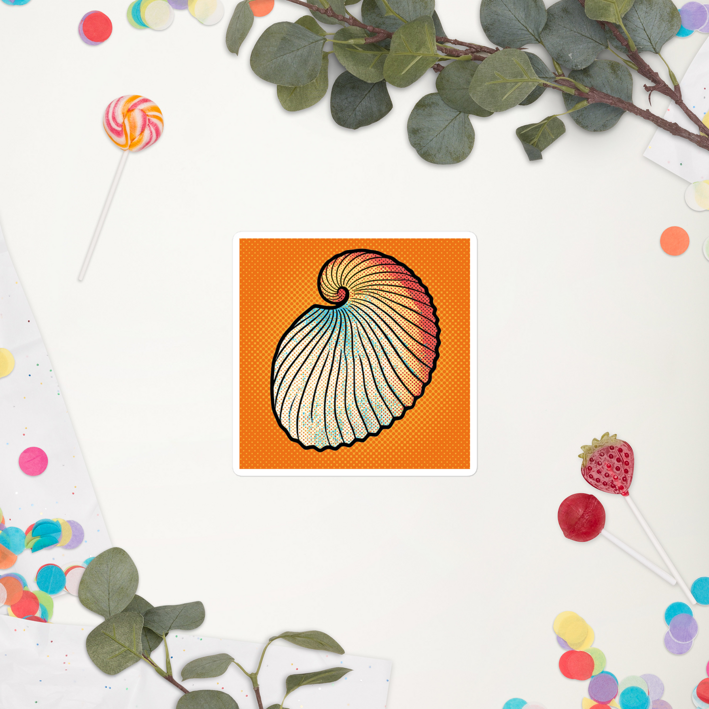 Argo Shell pop art vinyl sticker 4x4 — argonaut paper nautilus shell on orange halftone background surrounded by decorative elements.