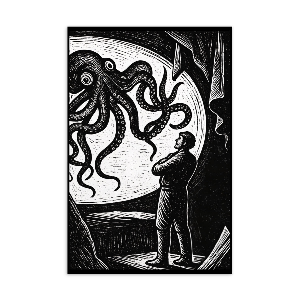 20,000 Leagues Under the Sea lithocut postcard — black and white giant squid scene from Jules Verne illustration