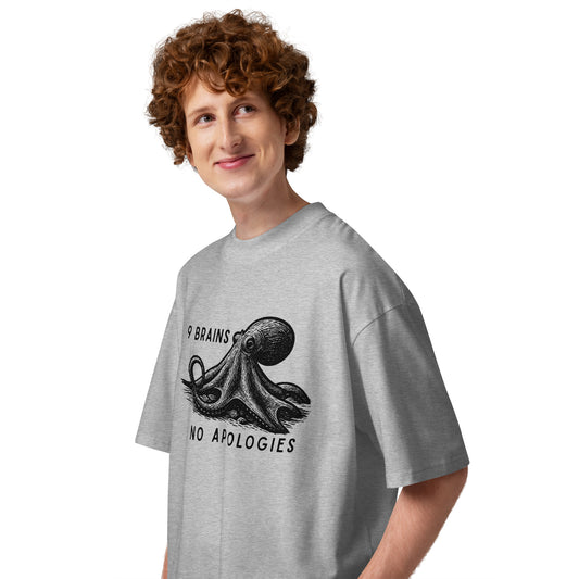 9 Brains No Apologies giant Pacific octopus linocut oversized t-shirt in heather gray — relaxed fit cephalopod tee