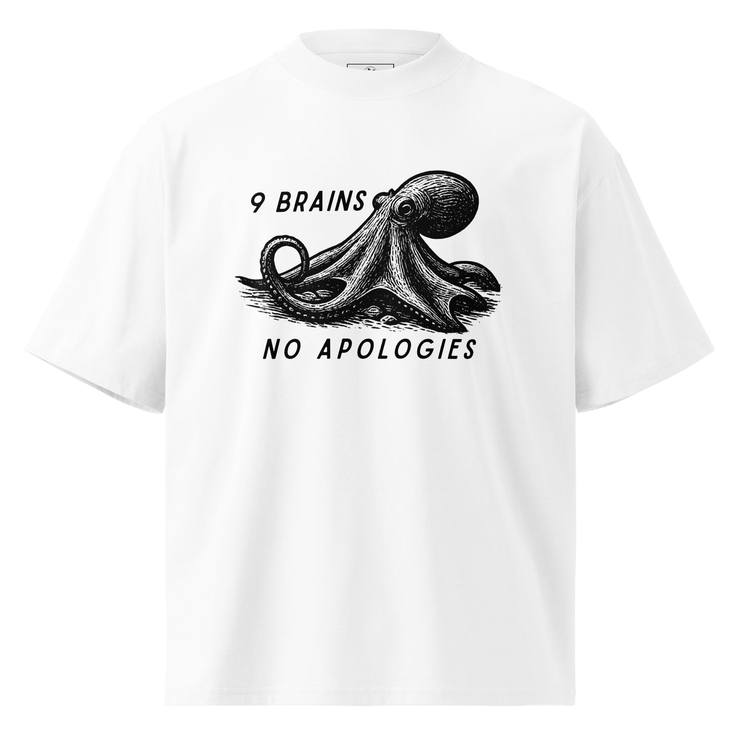 9 Brains No Apologies giant Pacific octopus linocut oversized t-shirt in heather gray — relaxed fit cephalopod tee