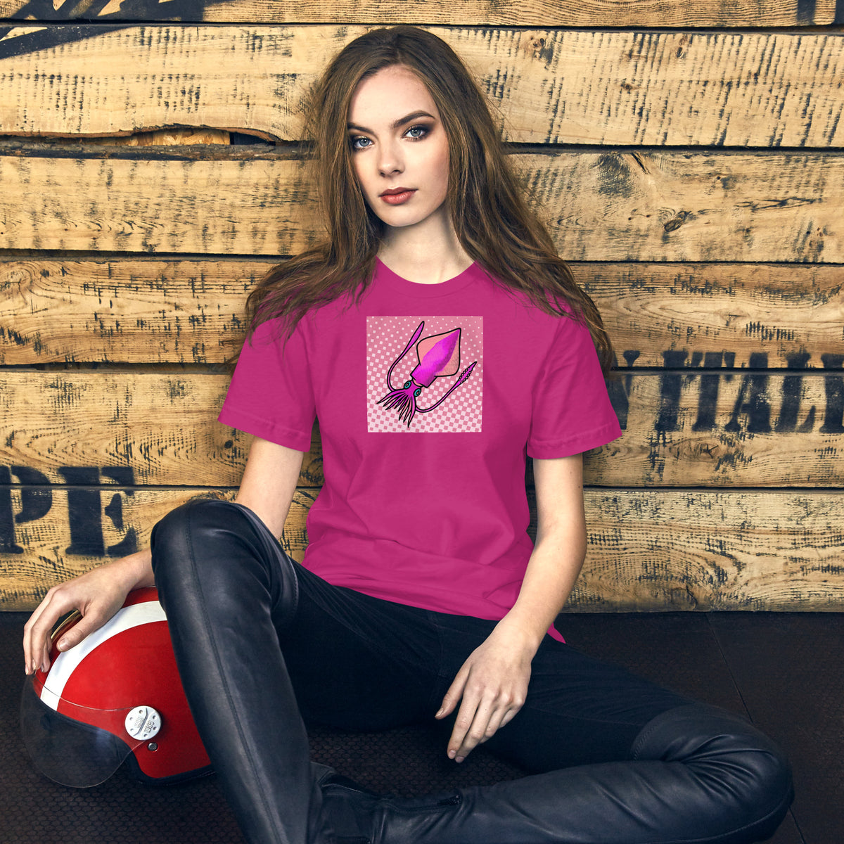 Loligo Vulgaris Squid pop art t-shirt — purple and pink squid illustration on bright unisex Bella Canvas tee