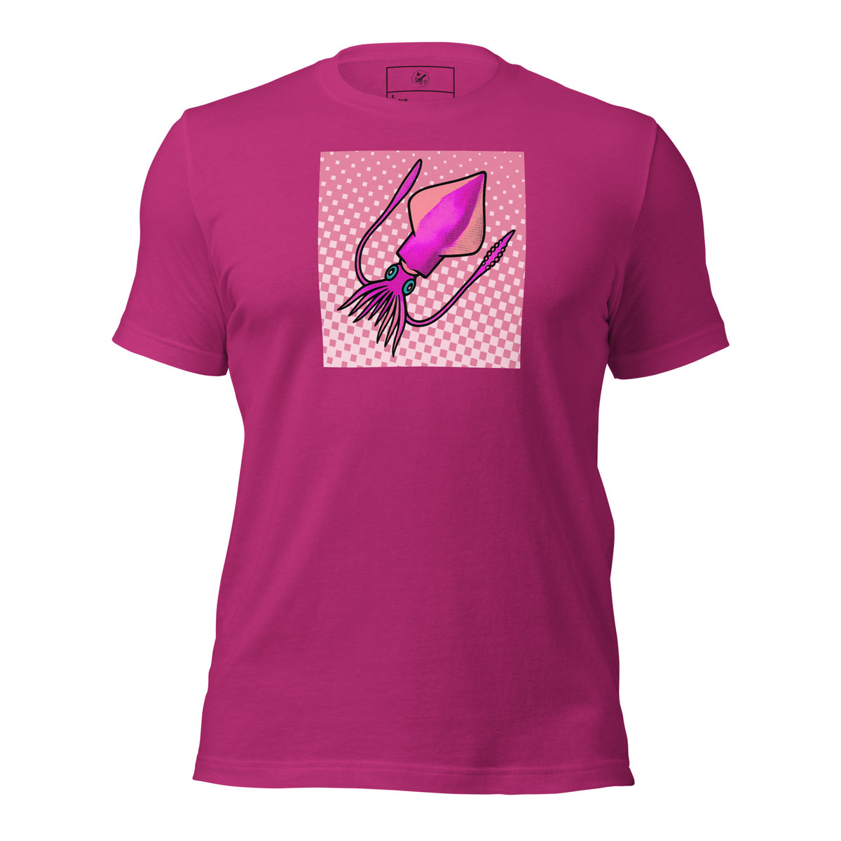 Loligo Vulgaris Squid pop art t-shirt — purple and pink squid illustration on bright unisex Bella Canvas tee