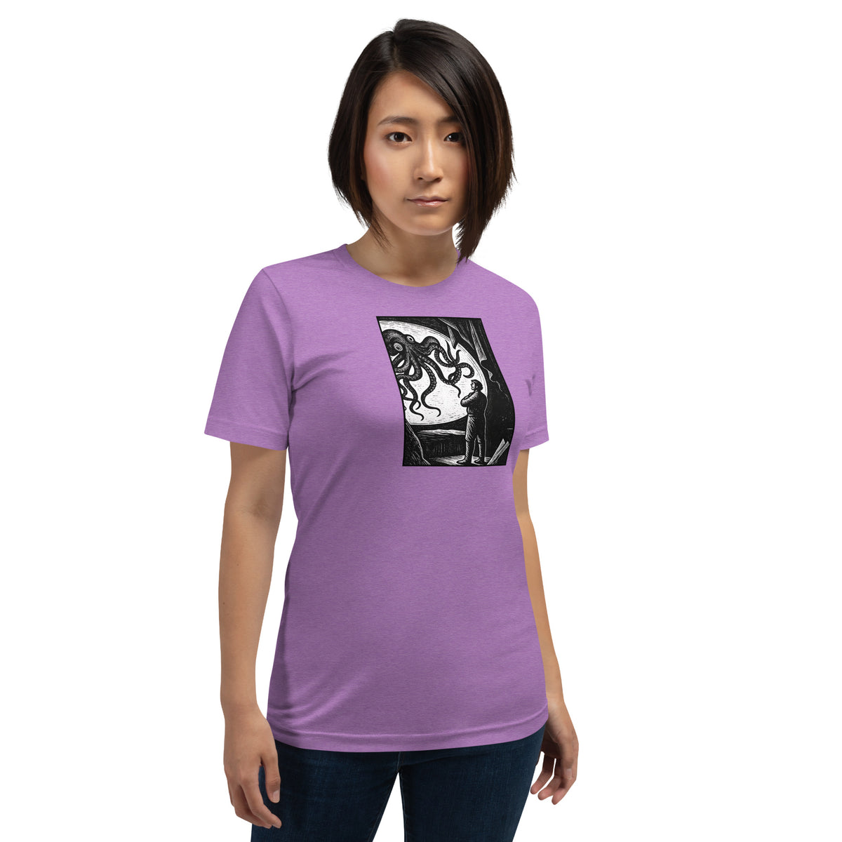20,000 Leagues Under the Sea vintage lithographic illustration t-shirt — giant squid scene on dark unisex Bella Canvas tee