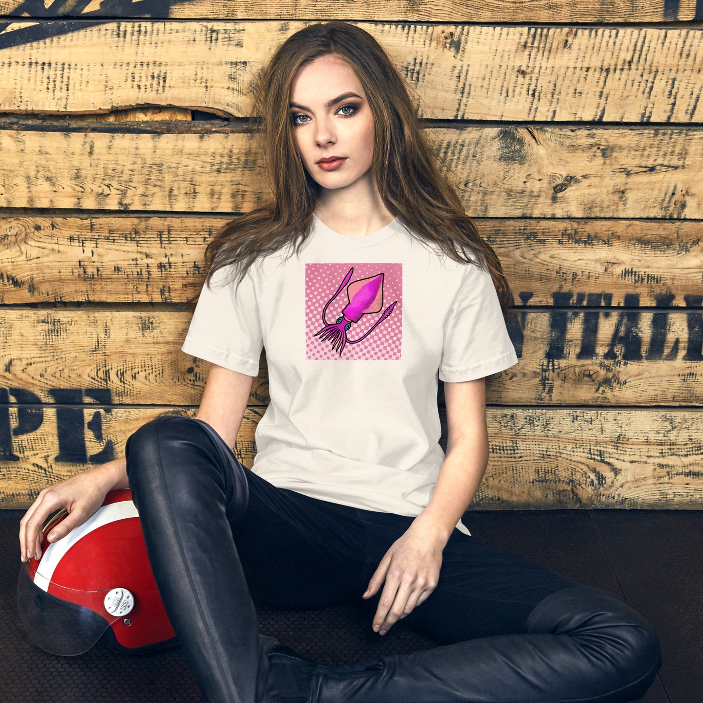 Loligo Vulgaris Squid pop art t-shirt — purple and pink squid illustration on bright unisex Bella Canvas tee