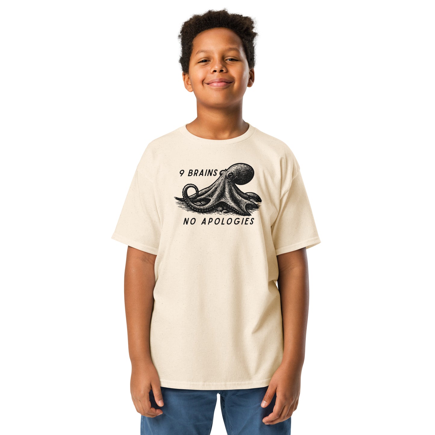 9 Brains No Apologies giant Pacific octopus linocut youth t-shirt on young girl — kids cephalopod tee