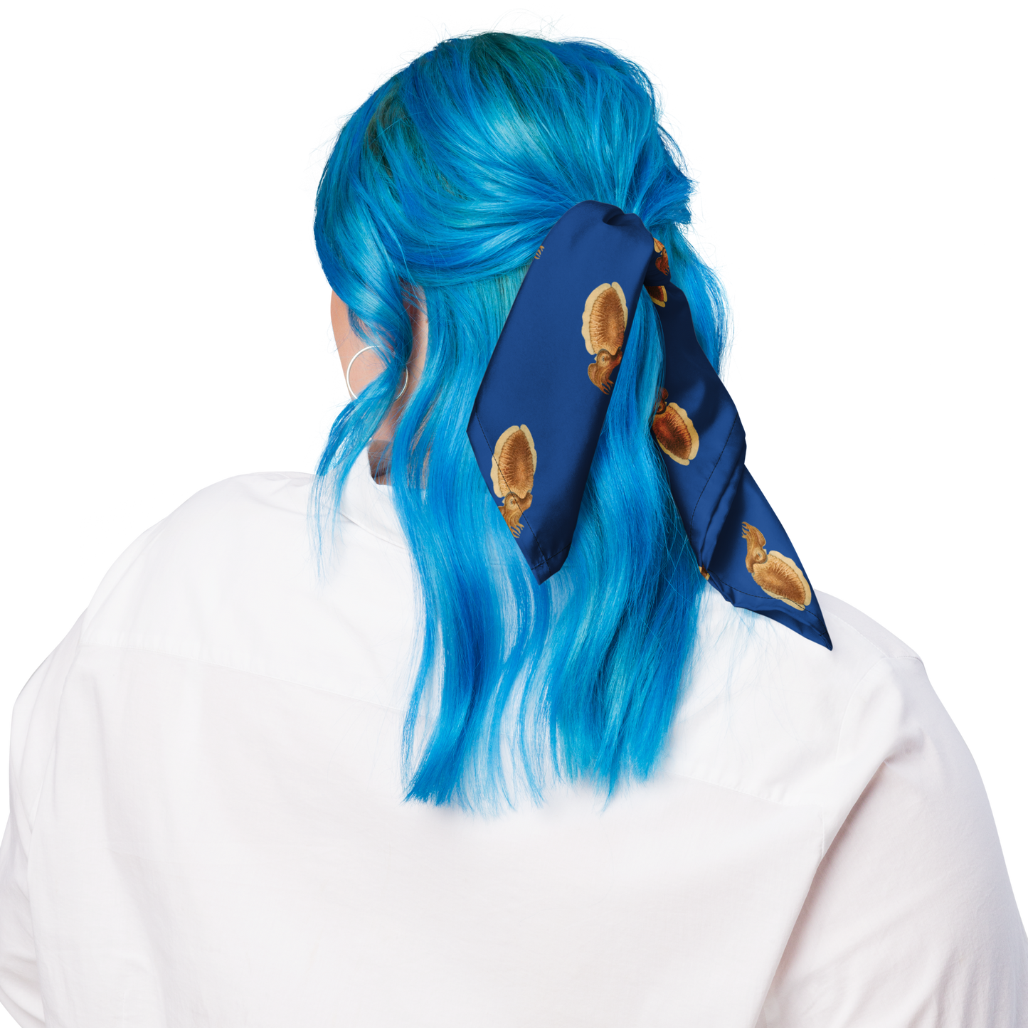 Person with blue hair wearing a cuttlefish bandana