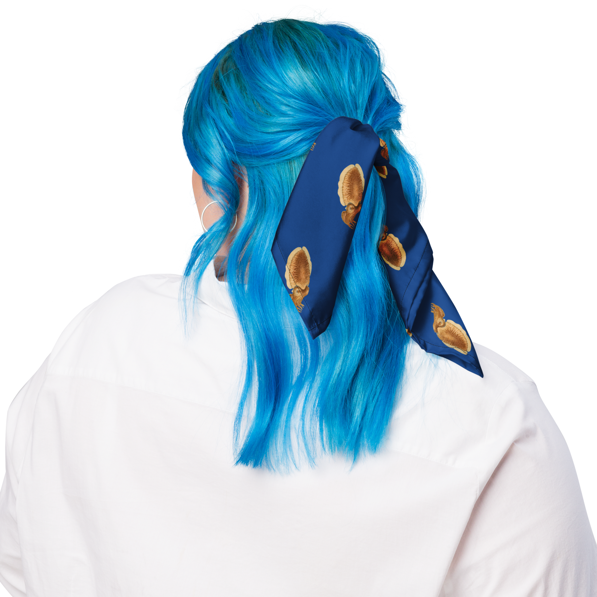 Person with blue hair wearing a cuttlefish bandana