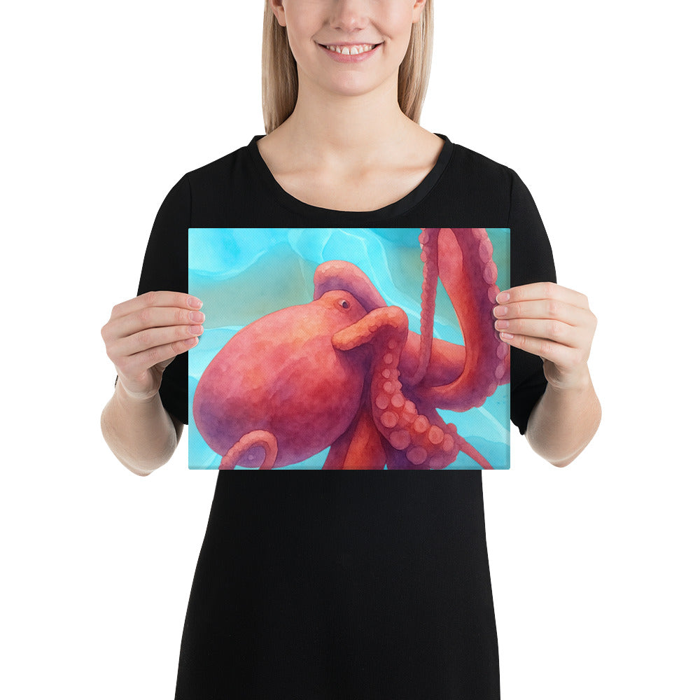 Octopus watercolor canvas art print 9x12 — vivid coral and crimson cephalopod painting on premium canvas