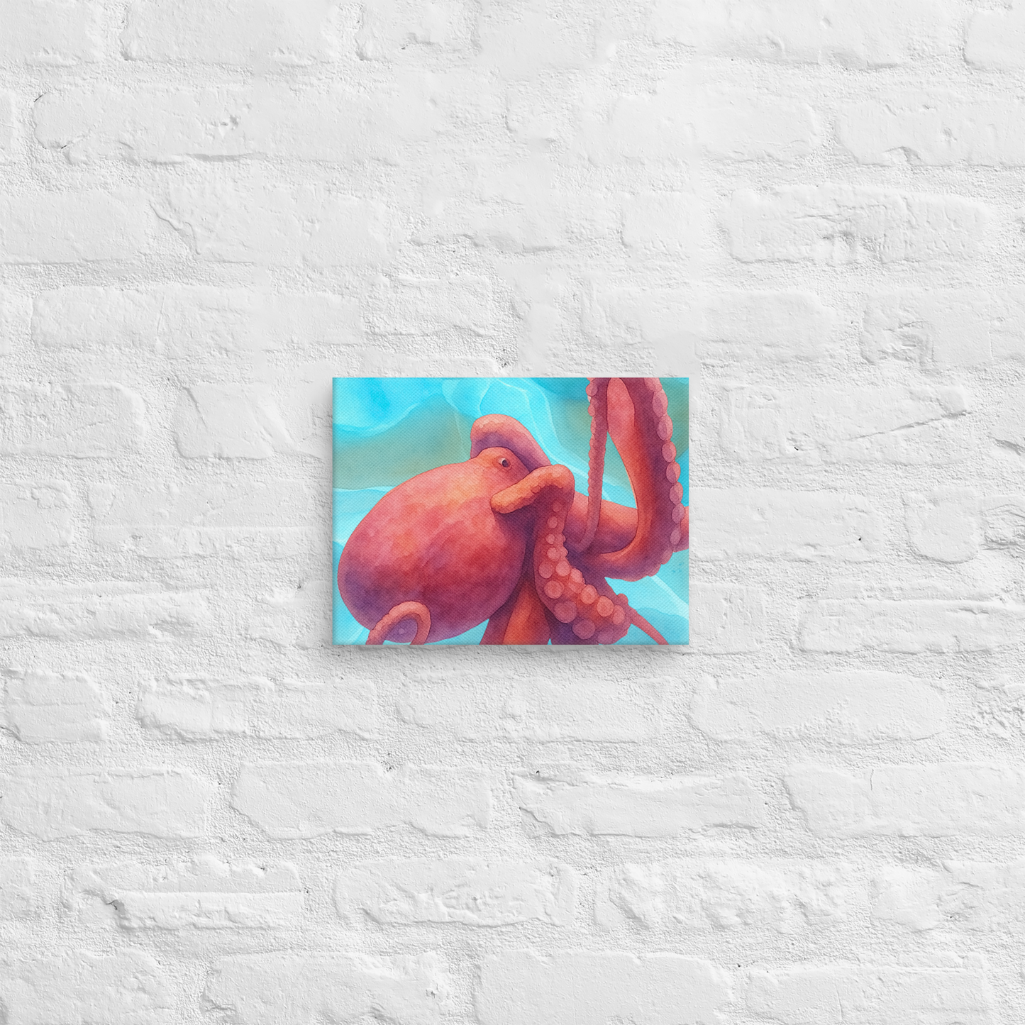 Octopus watercolor canvas art print 9x12 — vivid coral and crimson cephalopod painting on premium canvas on a textured white wall