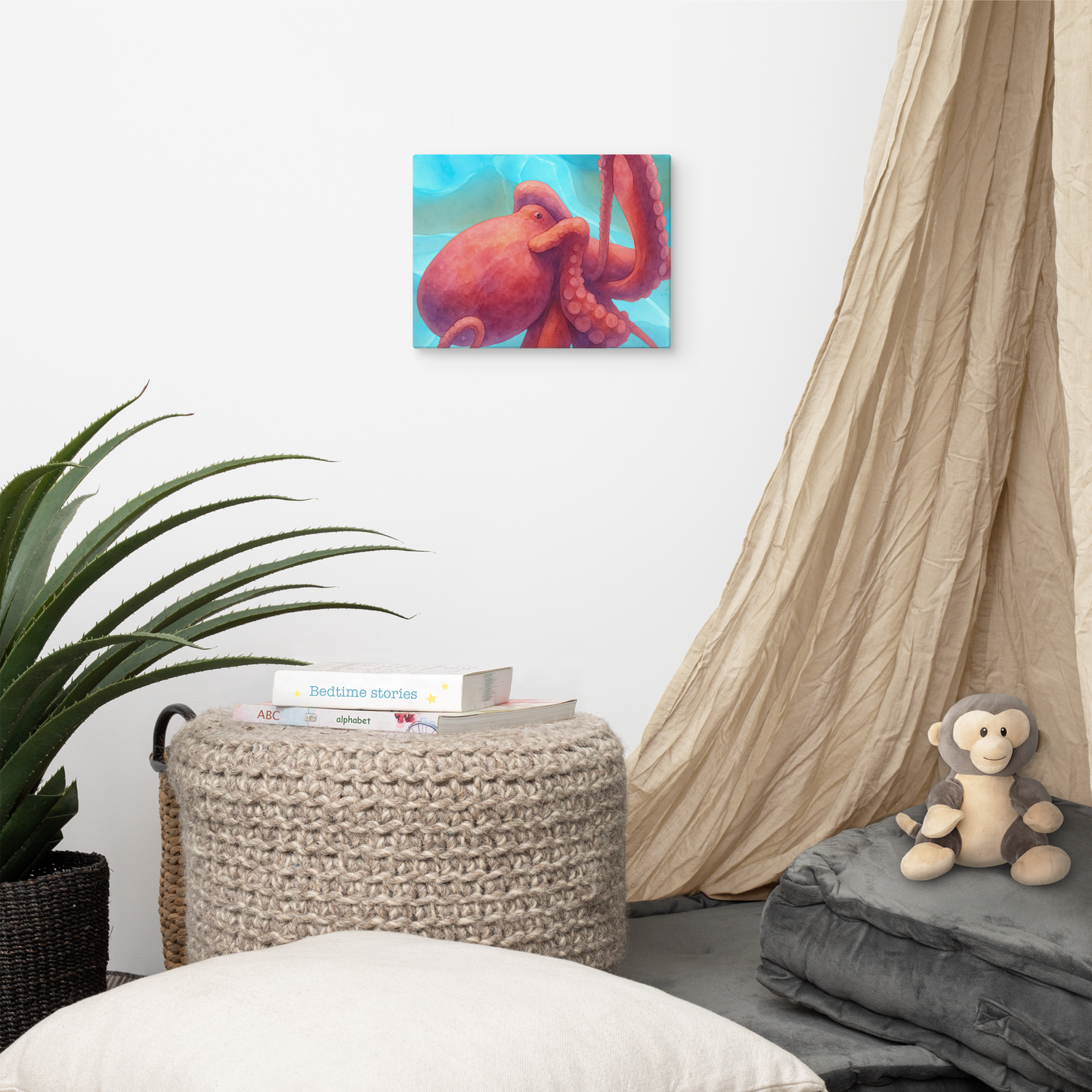 Room interior with Octopus watercolor canvas art print 9x12 — vivid coral and crimson cephalopod painting on premium canvas, the wall, plant, and storage basket.
