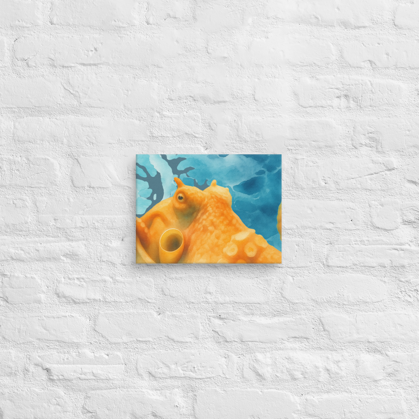 Giant Pacific Octopus watercolor canvas art print 9x12 — orange octopus against blue ocean on premium canvas mounted on a textured white wall.