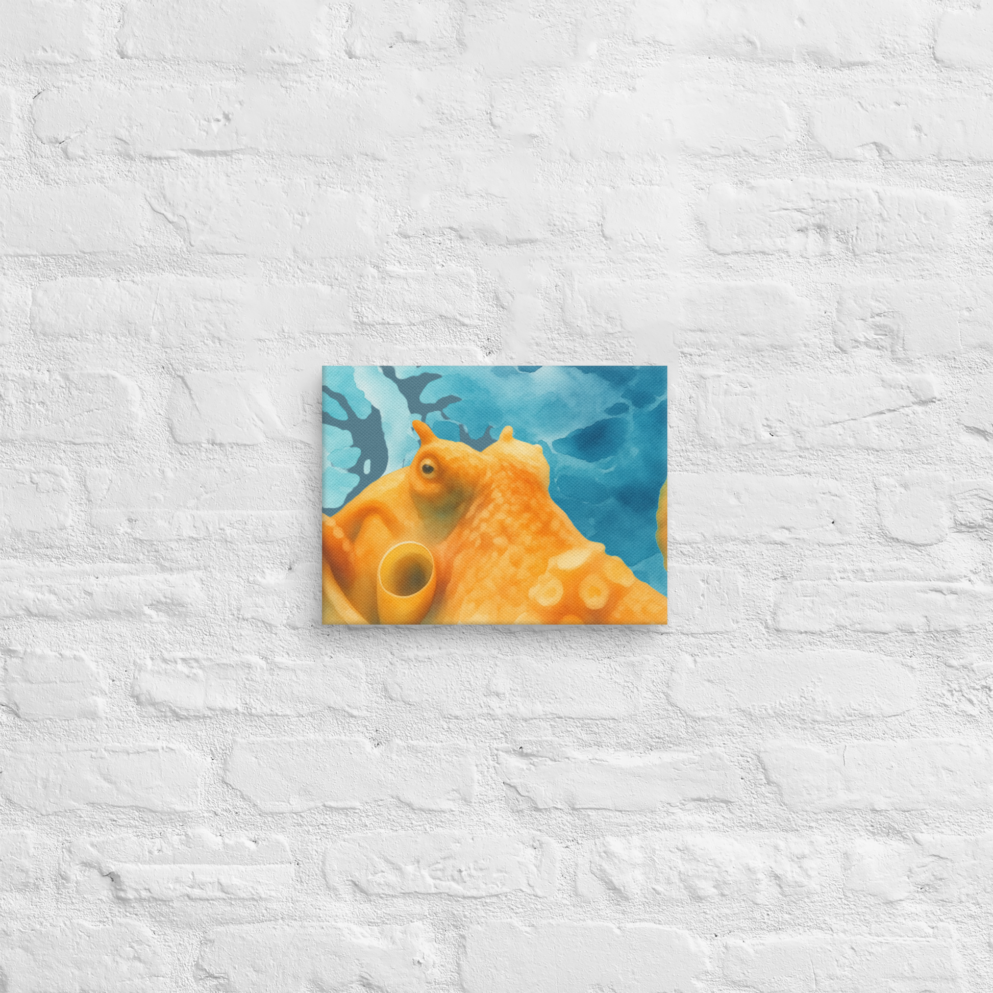 Giant Pacific Octopus watercolor canvas art print 9x12 — orange octopus against blue ocean on premium canvas mounted on a textured white wall.