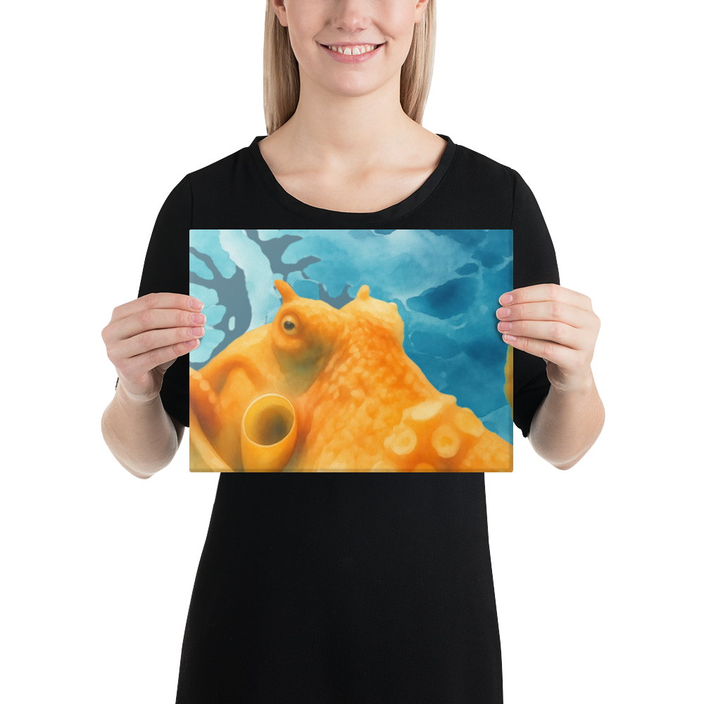 Person holding a print Giant Pacific Octopus watercolor canvas art print 9x12 — orange octopus against blue ocean on premium canvasbackground