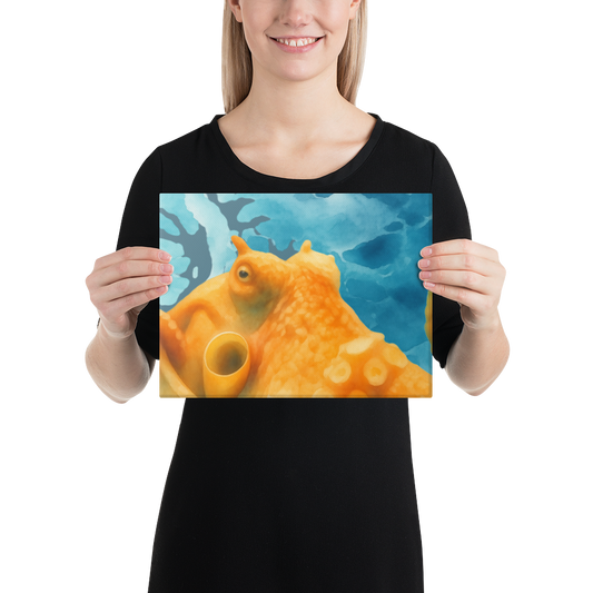 Person holding a print Giant Pacific Octopus watercolor canvas art print 9x12 — orange octopus against blue ocean on premium canvasbackground