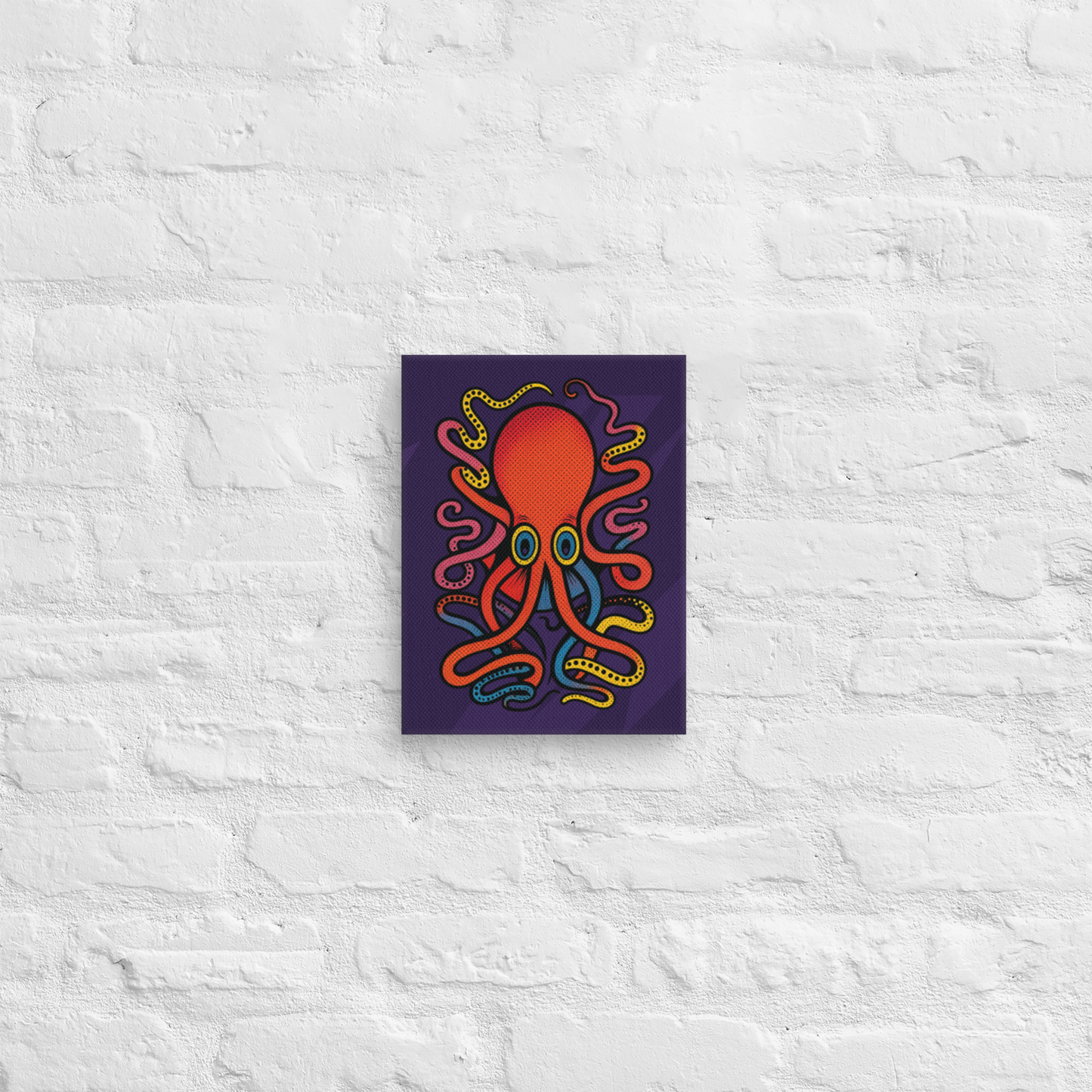 Cuttlefish pop art style canvas art print 9x12 — bold colorful cephalopod design on premium canvas against a textured white wall.