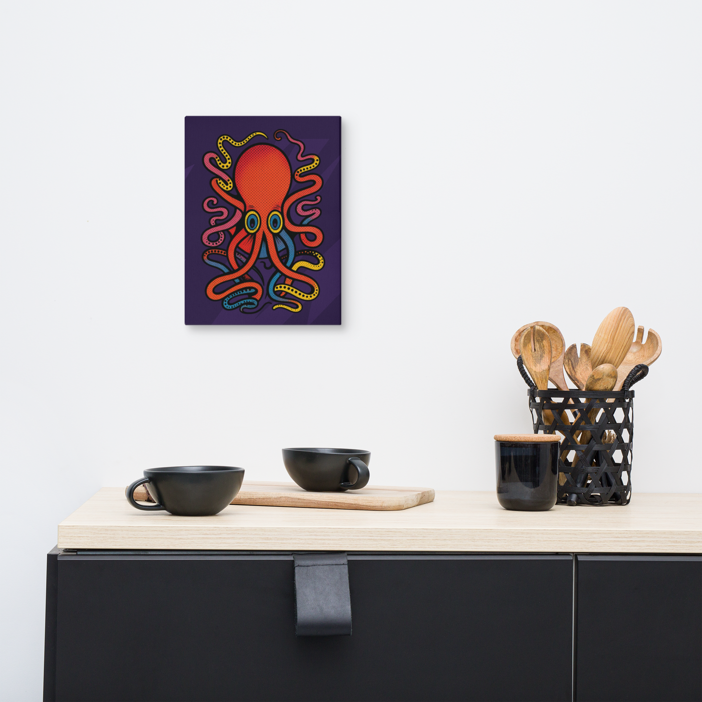 Cuttlefish pop art style canvas art print 9x12 — bold colorful cephalopod design on premium canvas on a wall above a kitchen counter with utensils.