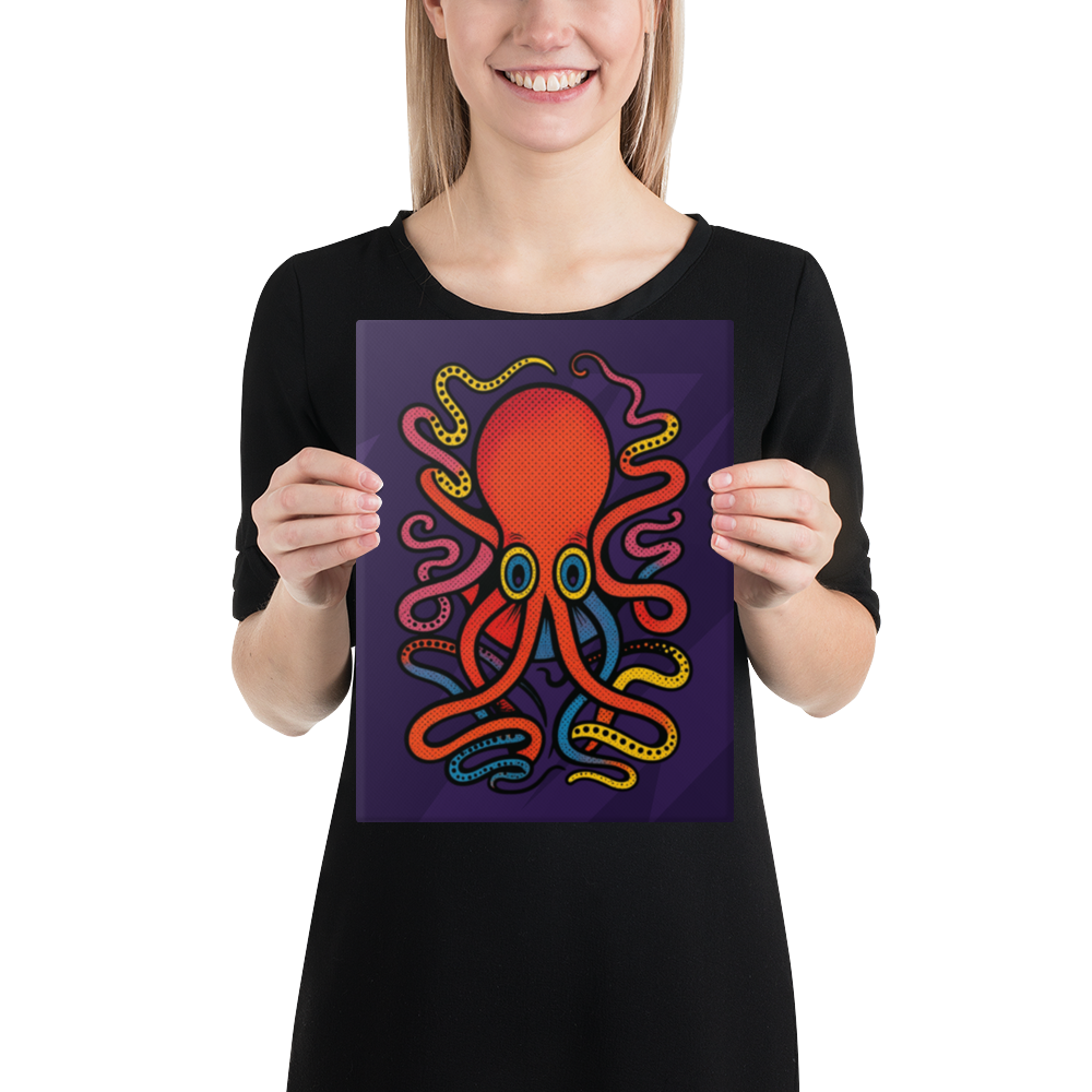 Person holding a Cuttlefish pop art style canvas art print 9x12 — bold colorful cephalopod design on premium canvas with a white background