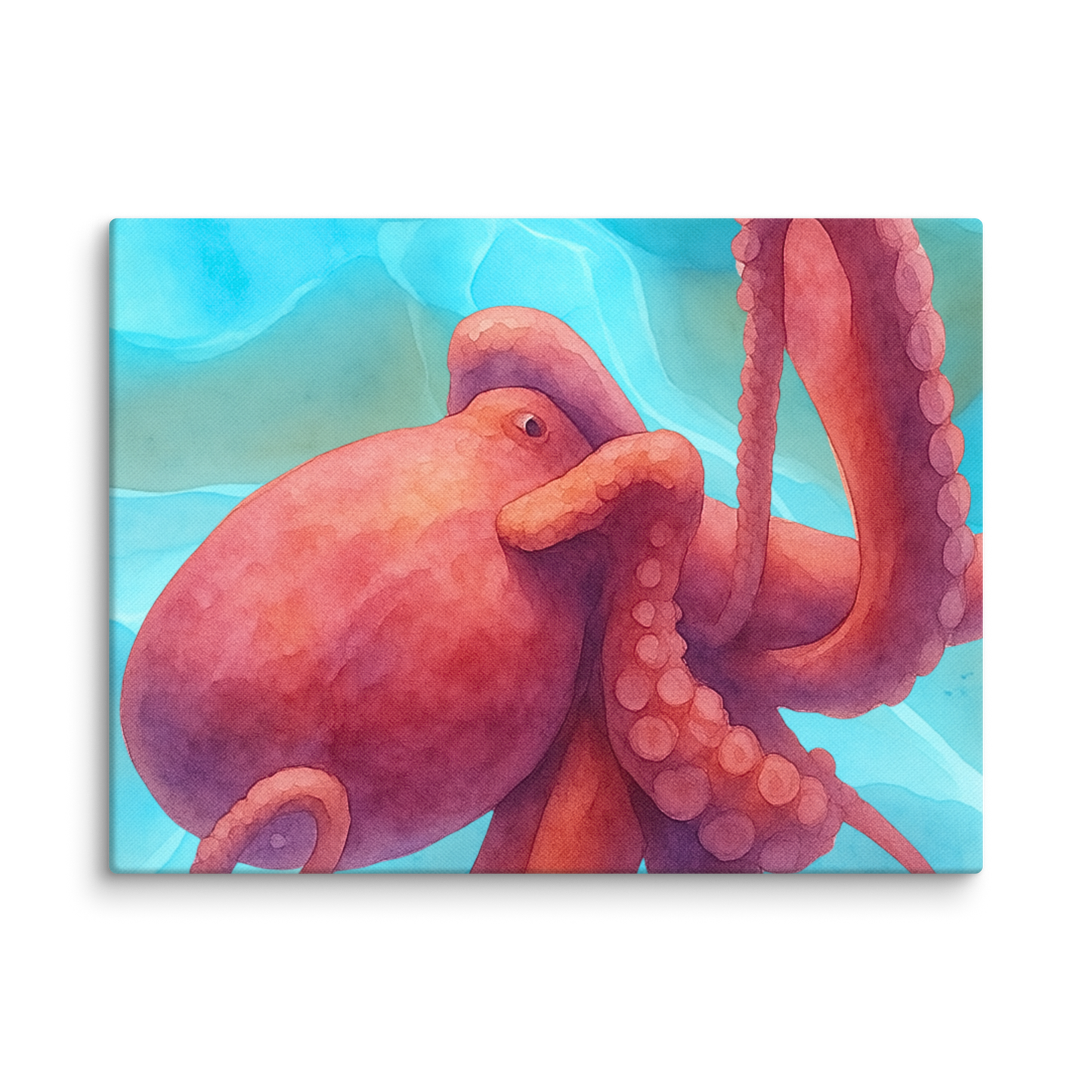 Octopus watercolor canvas art print 9x12 — vivid coral and crimson cephalopod painting on premium canvas
