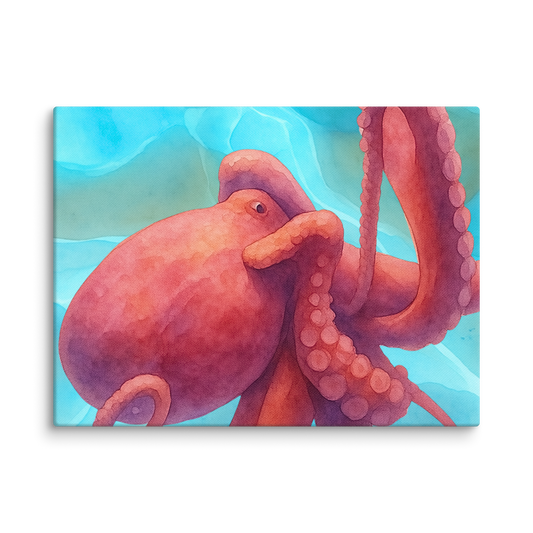 Octopus watercolor canvas art print 9x12 — vivid coral and crimson cephalopod painting on premium canvas