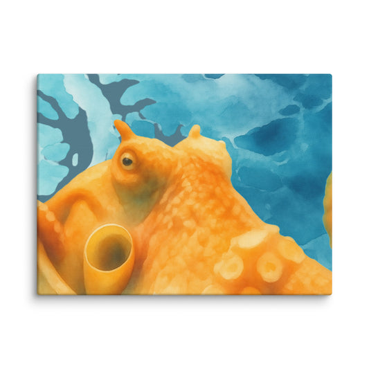 Giant Pacific Octopus watercolor canvas art print 9x12 — orange octopus against blue ocean on premium canvas