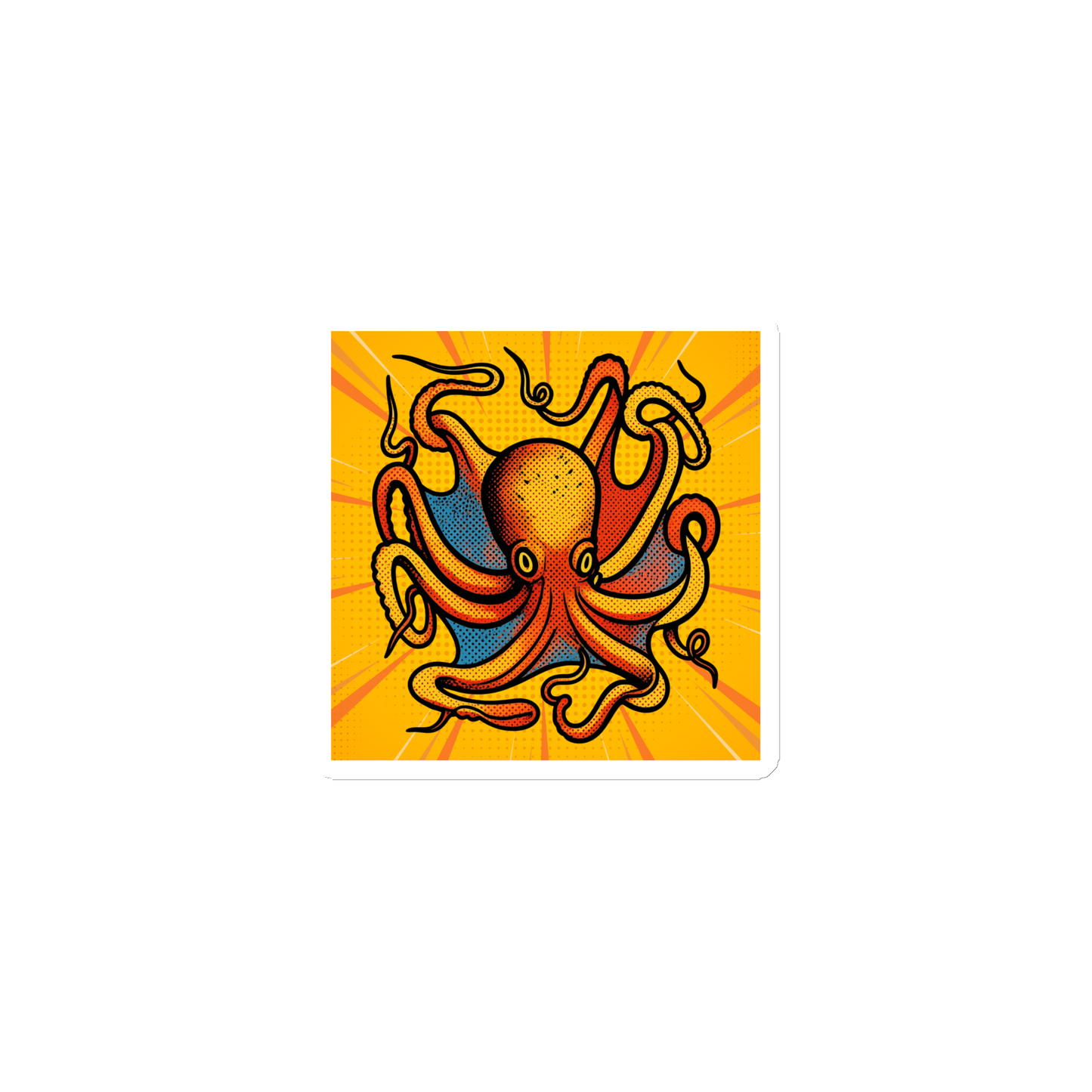 Octopus Vulgaris pop art magnet 3x3 — orange and blue octopus on yellow sunburst background