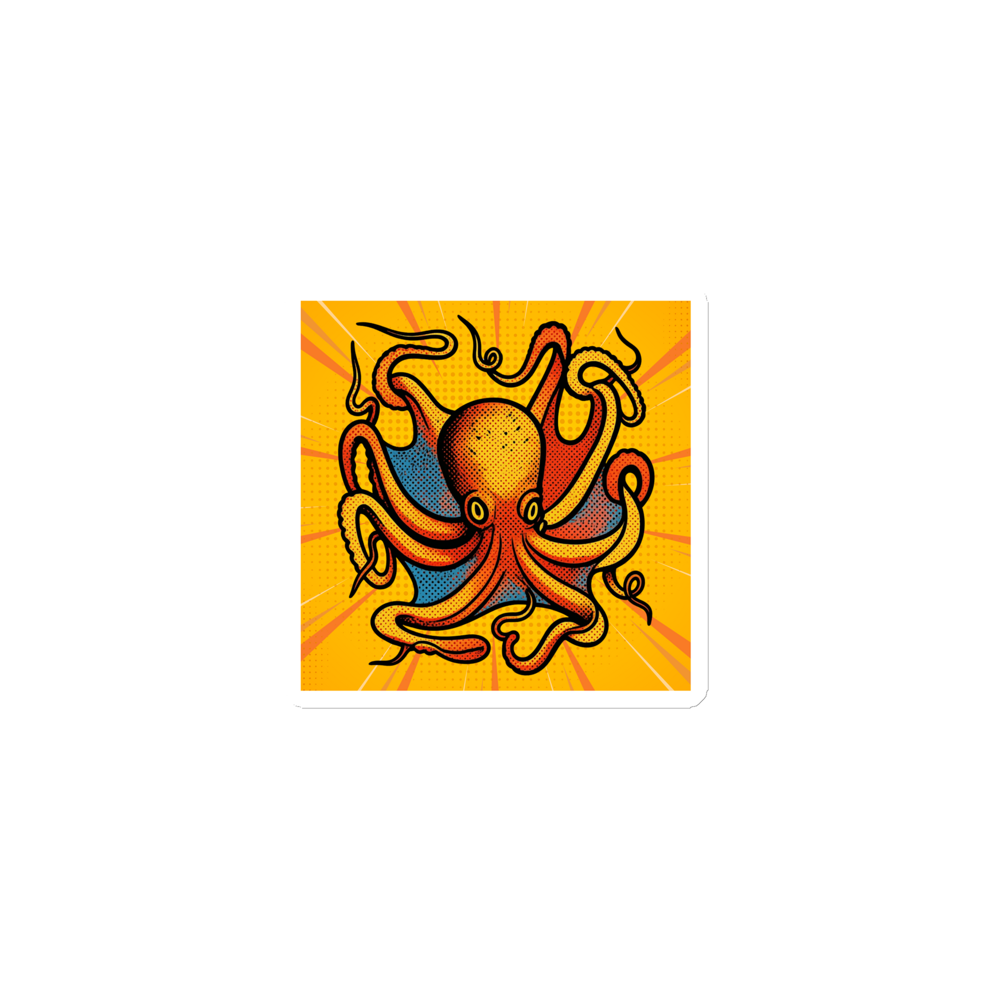 Octopus Vulgaris pop art magnet 3x3 — orange and blue octopus on yellow sunburst background