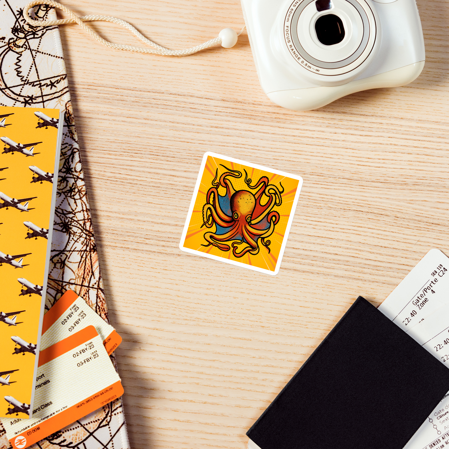 Octopus Vulgaris pop art magnet 3x3 — orange and blue octopus on yellow sunburst background