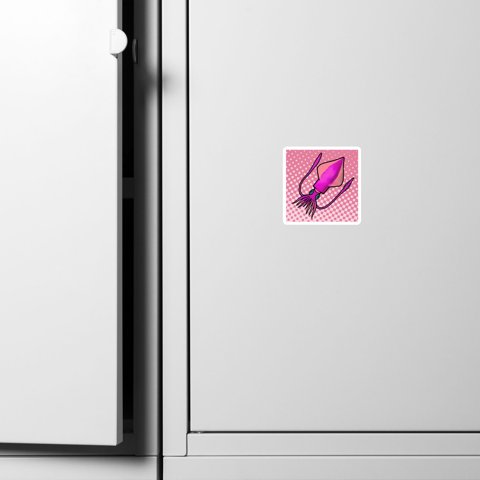 Fridge with Loligo Vulgaris Squid pop art magnet 3x3 — pink and magenta squid on checkered halftone background