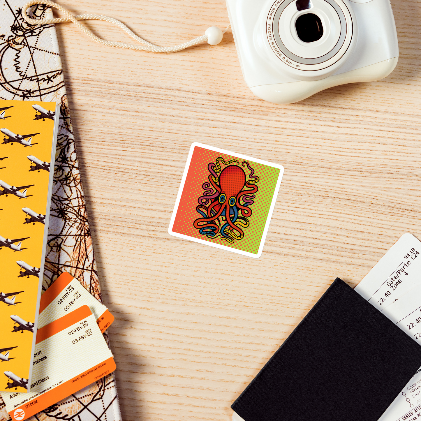 8 Armed Cuttlefish pop art magnet 3x3 — colorful cuttlefish on halftone background on a wooden surface with a camera and other items.