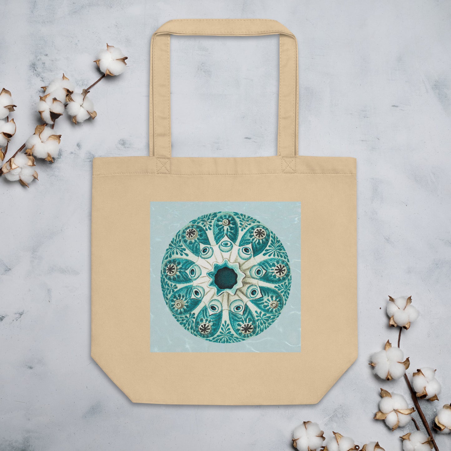 Eco tote bag with vintage tunicate sea squirt illustration in blue — sustainable cotton tote with marine biology design