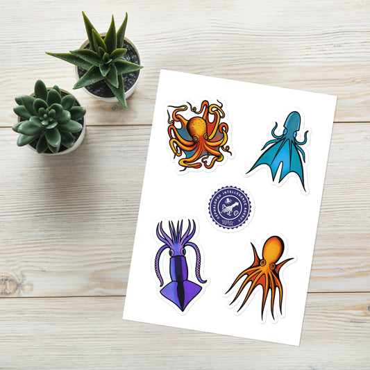 Cephalopod Intelligence Agency sticker sheet series 1 — pop art illustrations of Octopus Vulgaris, Blanket Octopus, Tetracirrhus, and Loligo Todarus Squid