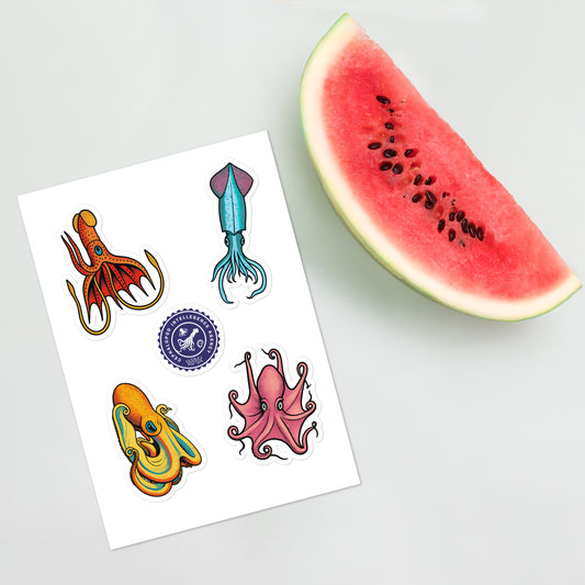 Cephalopod Intelligence Agency sticker sheet series 2 — pop art illustrations of Red Bonellana Squid, Eledon Aldrovandi Octopus, and Loligo Pavo Squid