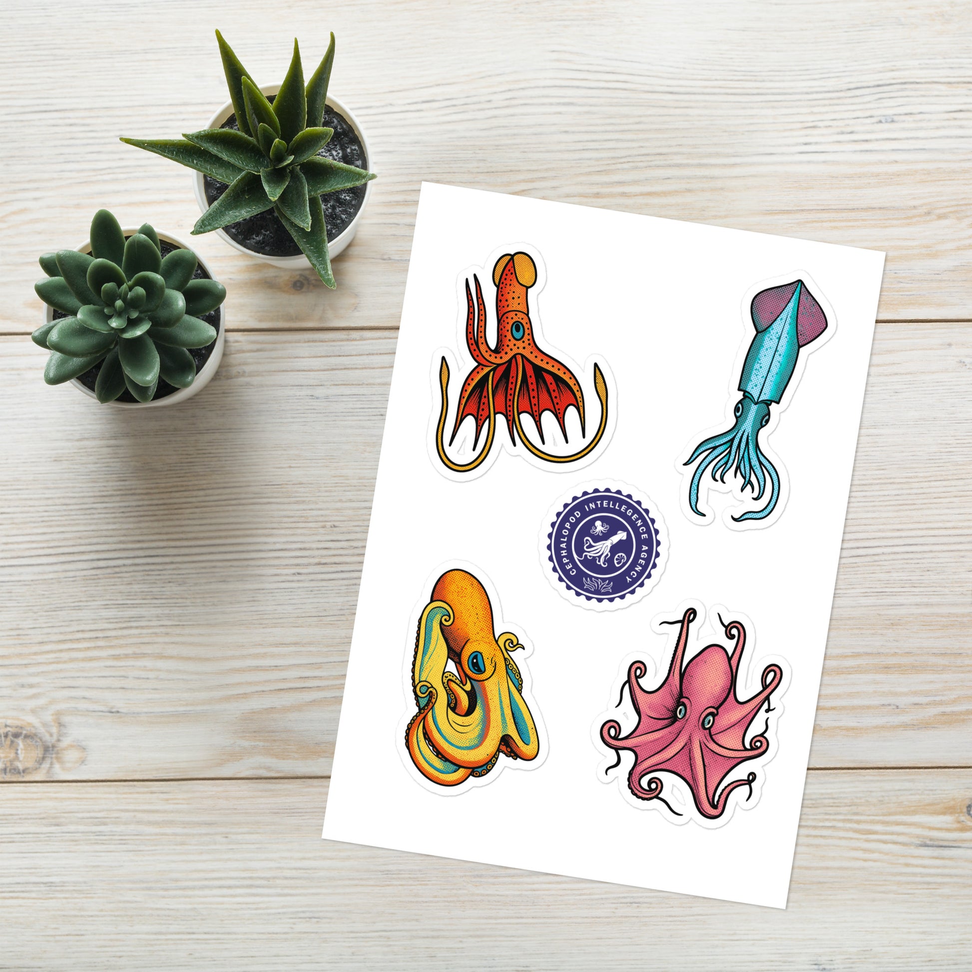 Cephalopod Intelligence Agency sticker sheet series 2 — pop art illustrations of Red Bonellana Squid, Eledon Aldrovandi Octopus, Loligo Pavo Squid, and Velodona_Octopus