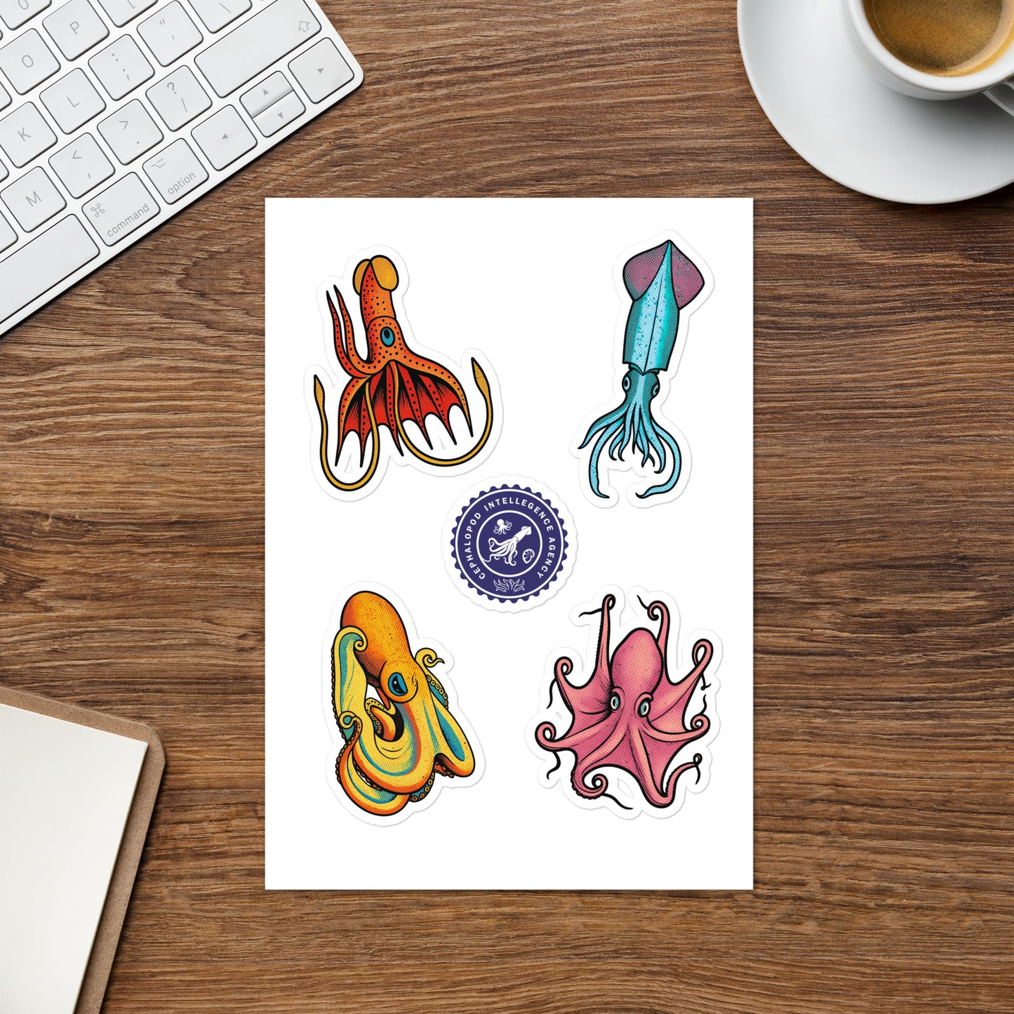 Cephalopod Intelligence Agency sticker sheet series 2 — pop art illustrations of Red Bonellana Squid, Eledon Aldrovandi Octopus, Loligo Pavo Squid, and Velodona_Octopus