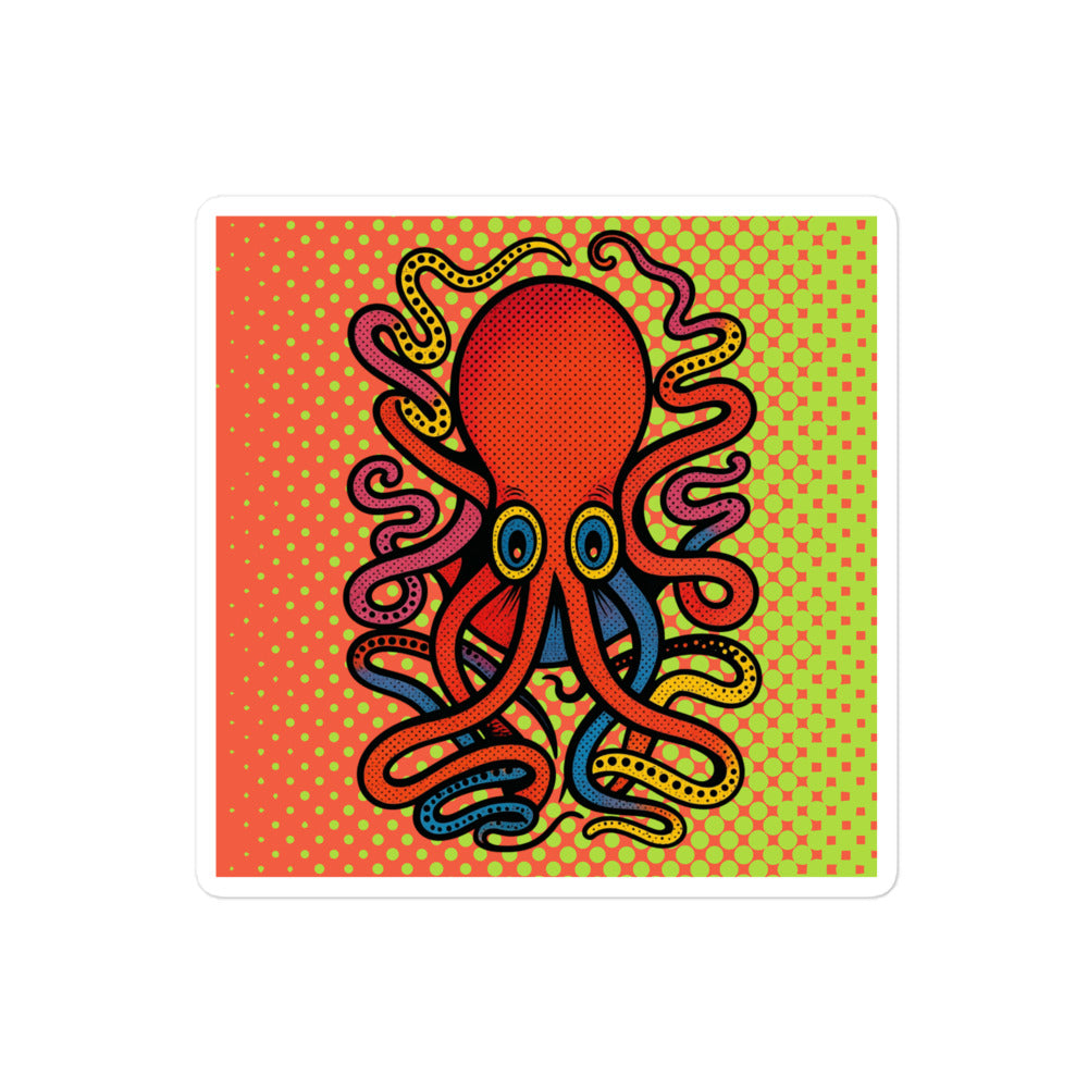 8 Armed Cuttlefish pop art vinyl sticker 4x4 — red, blue, and orange cuttlefish on halftone background