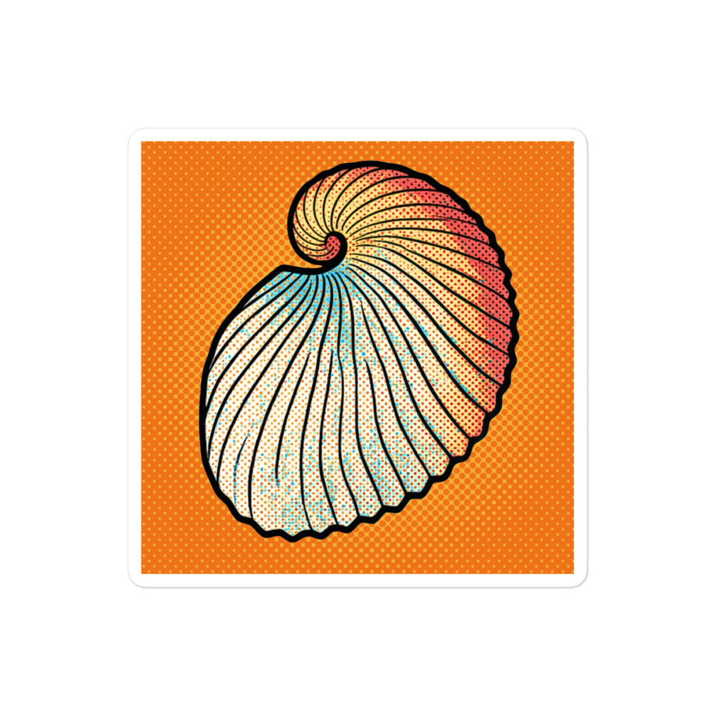 Argo Shell pop art vinyl sticker 4x4 — argonaut paper nautilus shell on orange halftone background