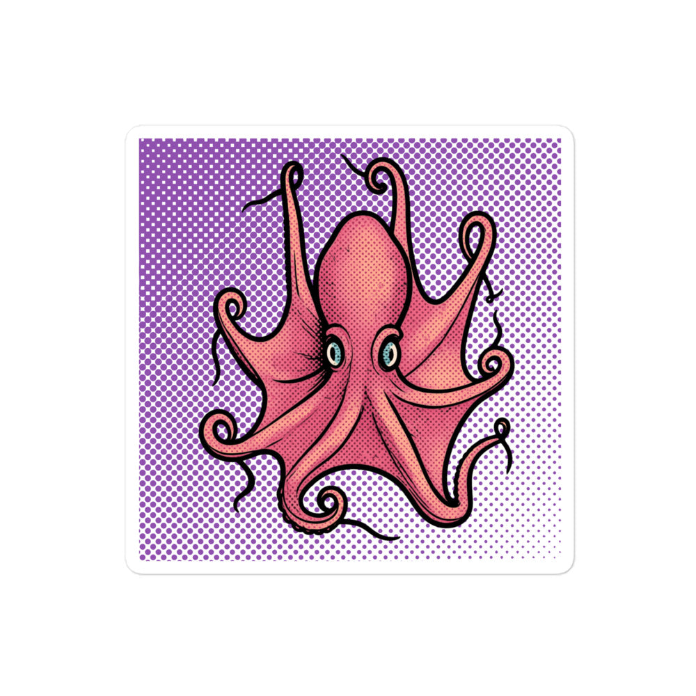 Eledon Aldrovandi Octopus pop art vinyl sticker 4x4 — pink octopus on purple halftone background