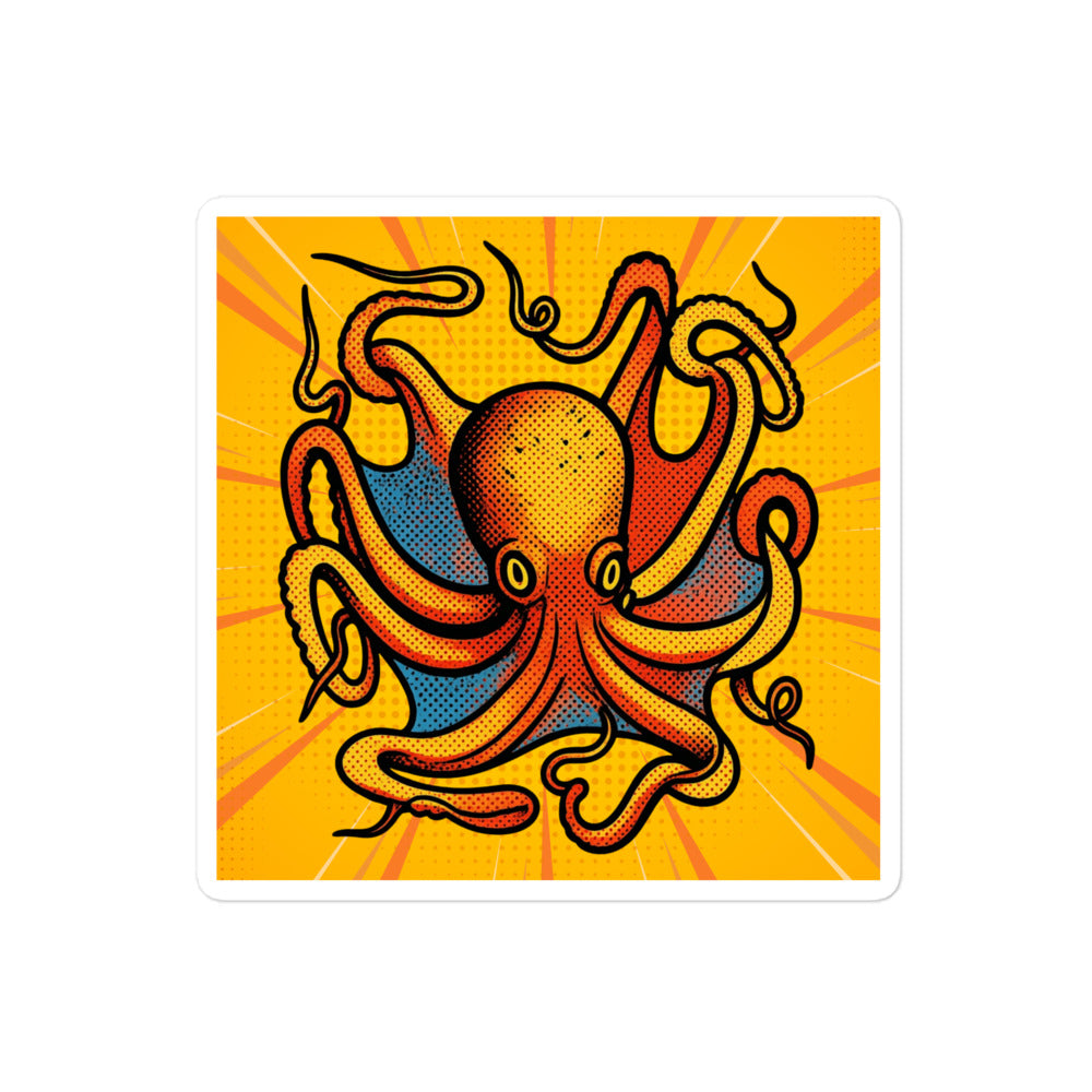 Octopus Vulgaris pop art vinyl sticker 4x4 — blue and orange octopus on yellow sunburst background