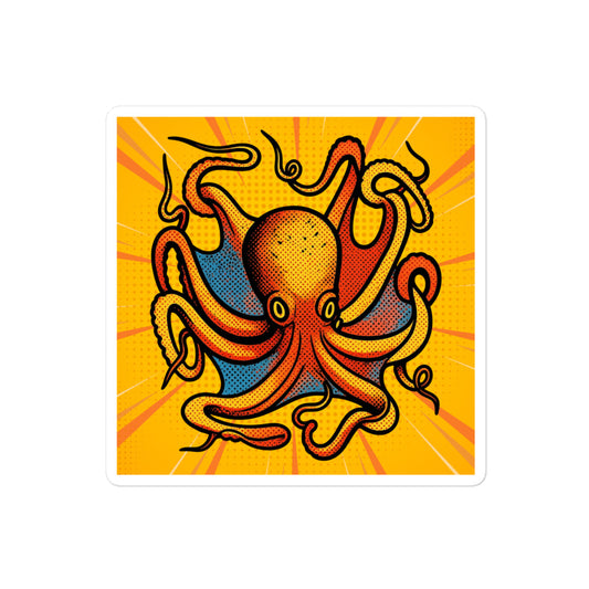 Octopus Vulgaris pop art vinyl sticker 4x4 — blue and orange octopus on yellow sunburst background