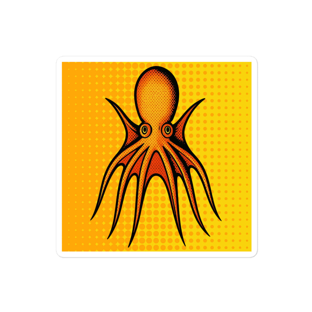 Four Horn Tetracirrhus Octopus pop art vinyl sticker 4x4 — orange octopus with four horns on yellow background