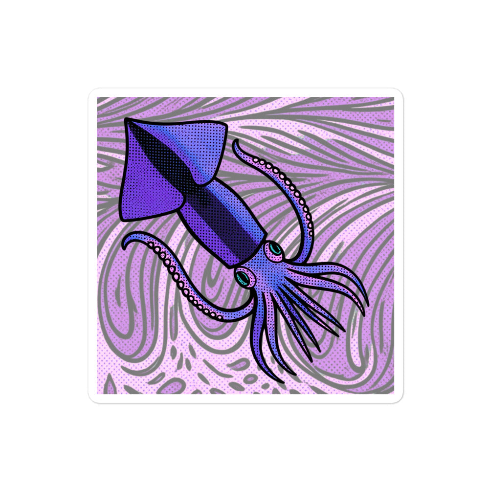 Loligo Todarus Squid pop art vinyl sticker 4x4 — purple squid on lavender swirl halftone background