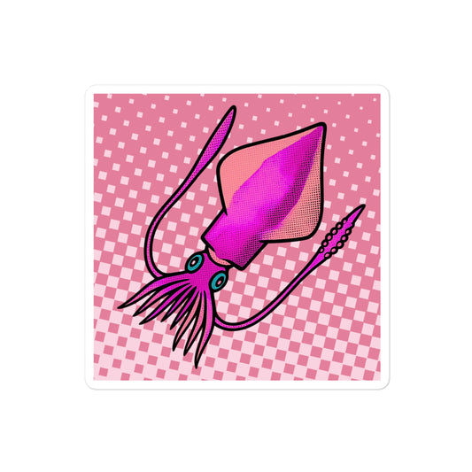 Loligo Vulgaris Squid pop art vinyl sticker 4x4 — pink and magenta squid on checkered pink background