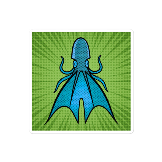Common Blanket Octopus pop art vinyl sticker 4x4 — blue and teal octopus with webbing on green sunburst background