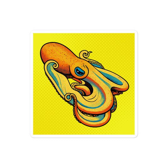 Velodona Octopus pop art vinyl sticker 4x4 — orange and teal octopus on bright yellow halftone background